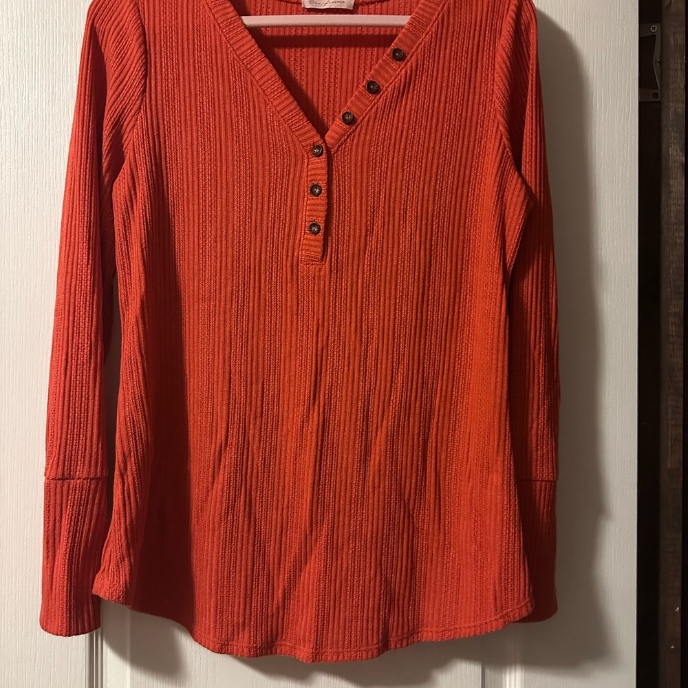 Women's Orange V-Neck Buttoned Top